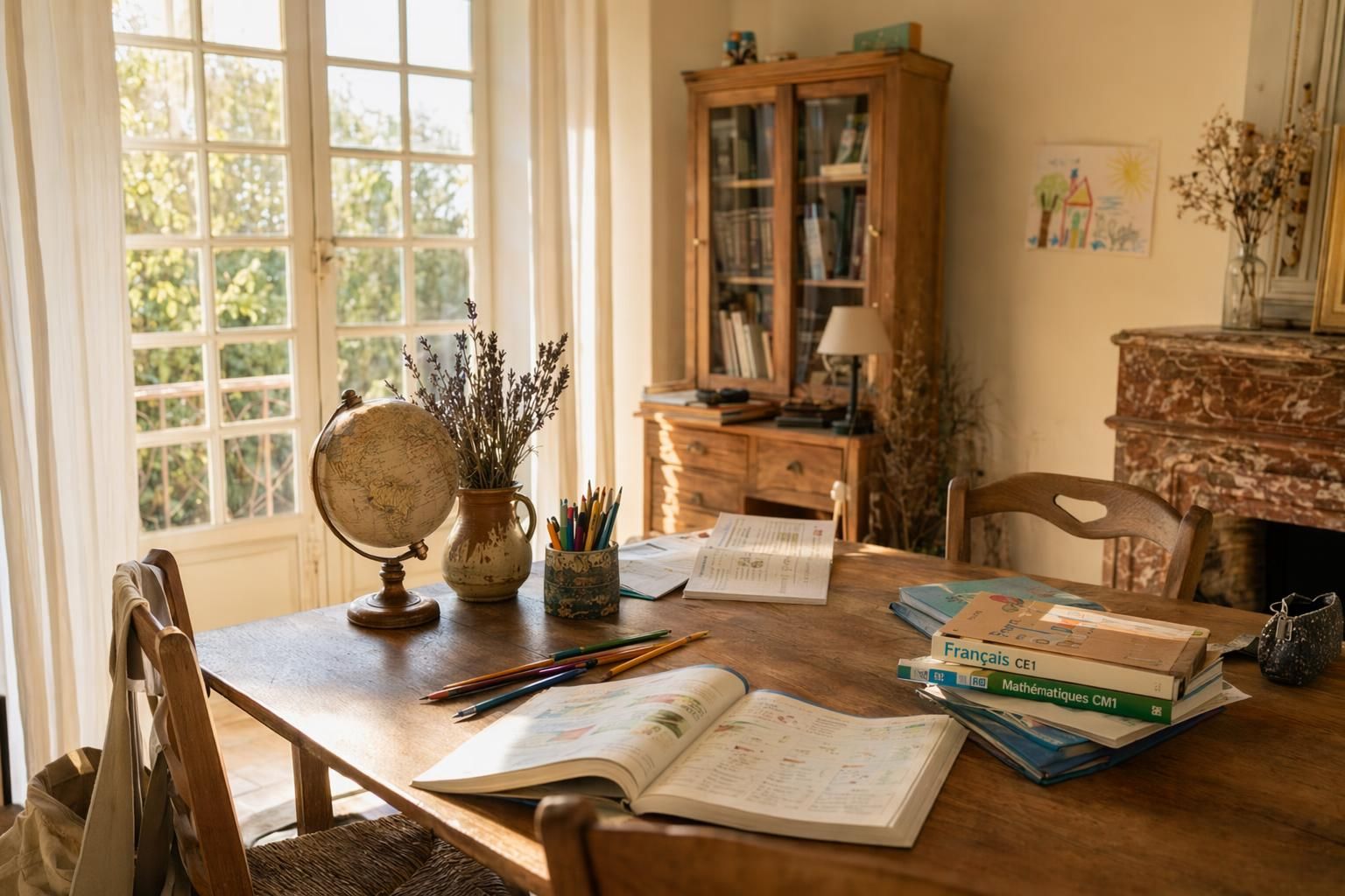 Salon familial français aménagé pour l'instruction en famille — table en bois, manuels CE1 et CM1 ouverts, globe en bois, lumière d'après-midi