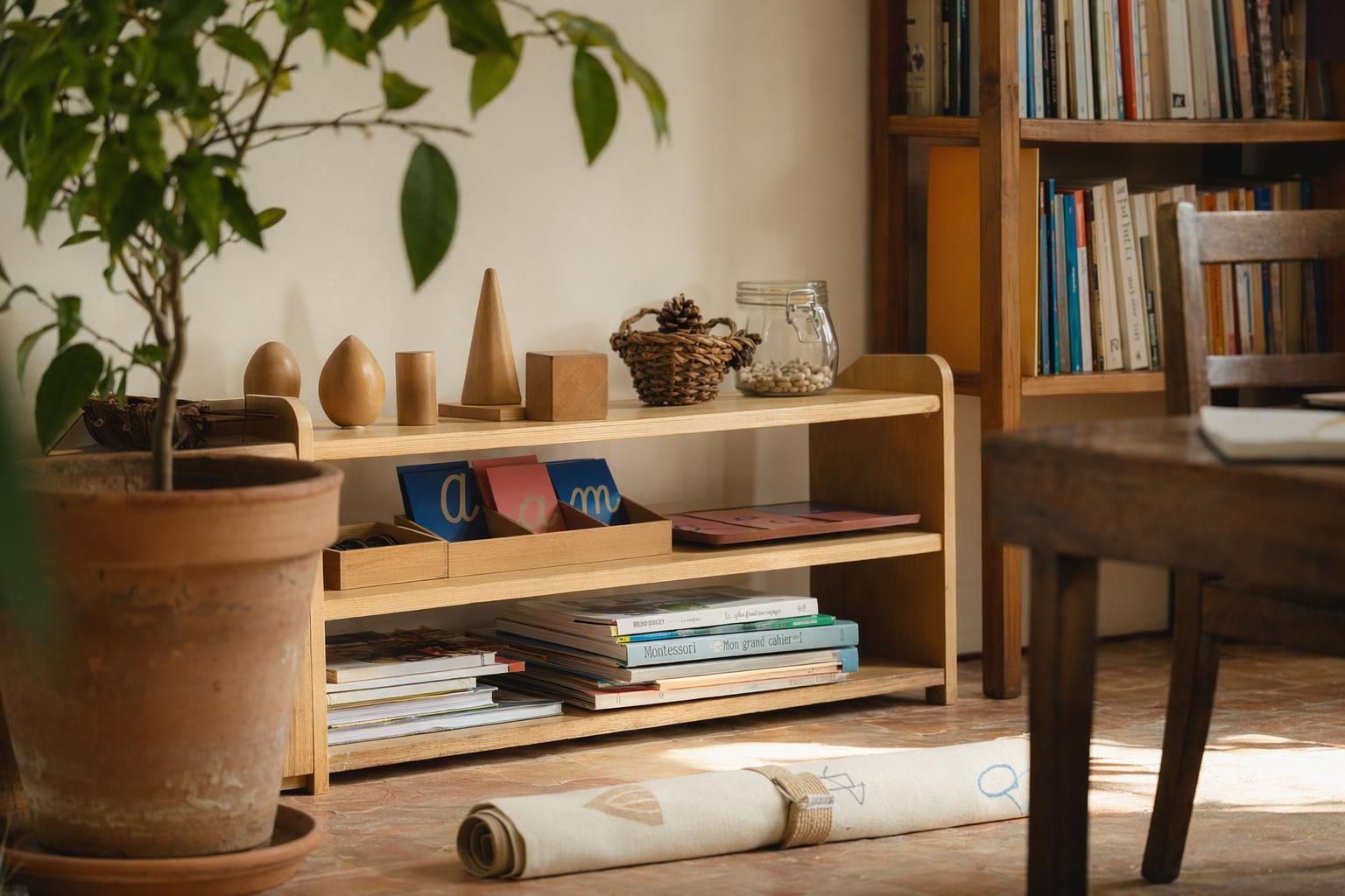 Étagère Montessori basse avec solides géométriques en bois, lettres rugueuses et plateau d'activité sensorielle