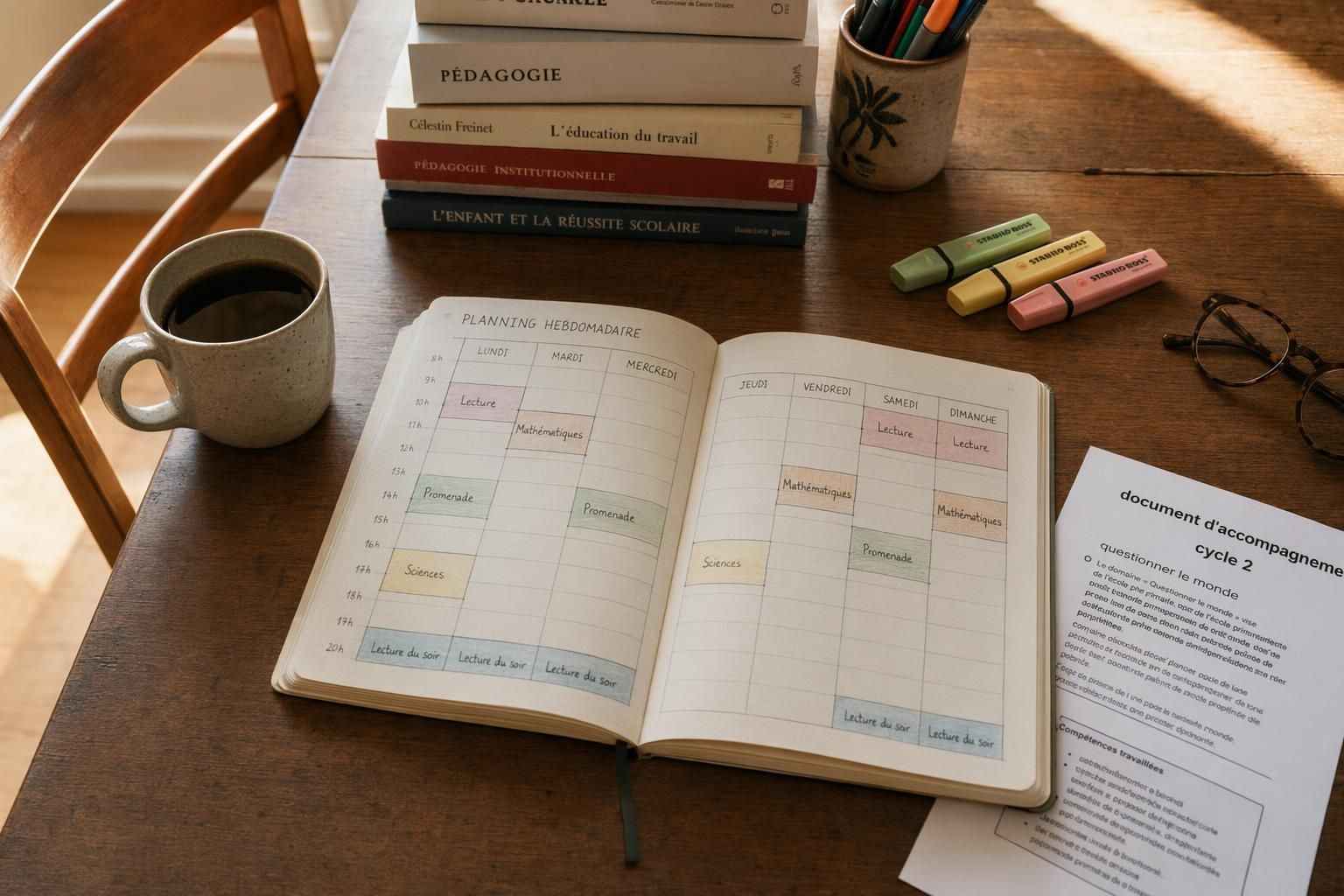 Planificateur hebdomadaire IEF avec blocs horaires colorés Lecture Mathématiques Promenade et Sciences
