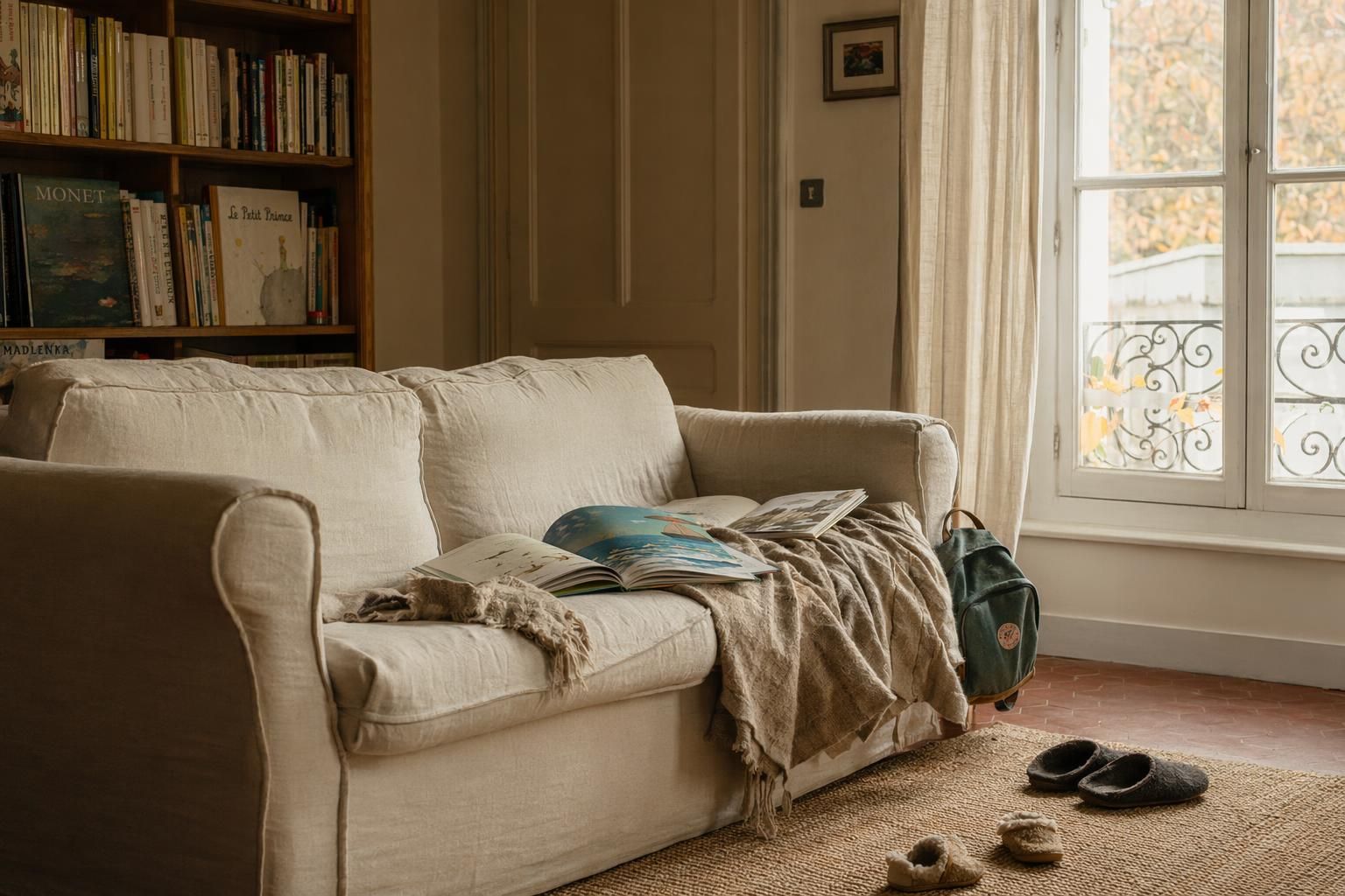 Canapé en lin avec livres d'enfant ouverts et plaid en laine, atmosphère cosy intérieur français pour lecture en famille