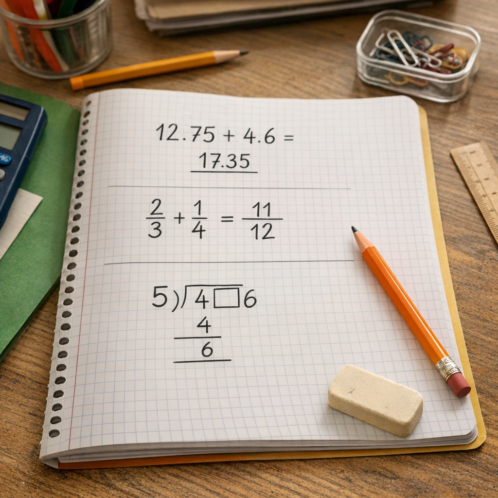 Additions posées avec décimales, fractions et division à trou&nbsp;: les incontournables du calcul CM2