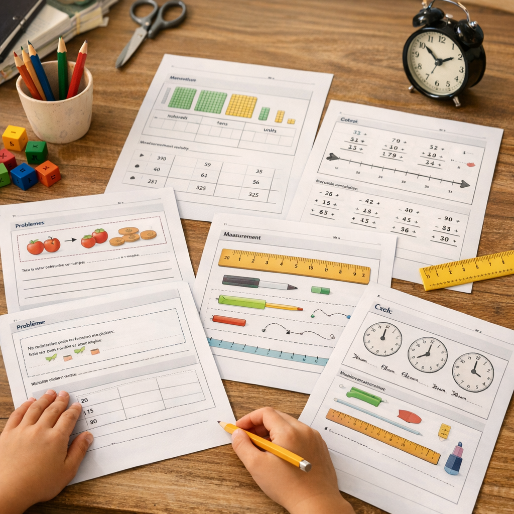 Fiches de mathématiques CE2&nbsp;: numération, calcul, problèmes et mesures