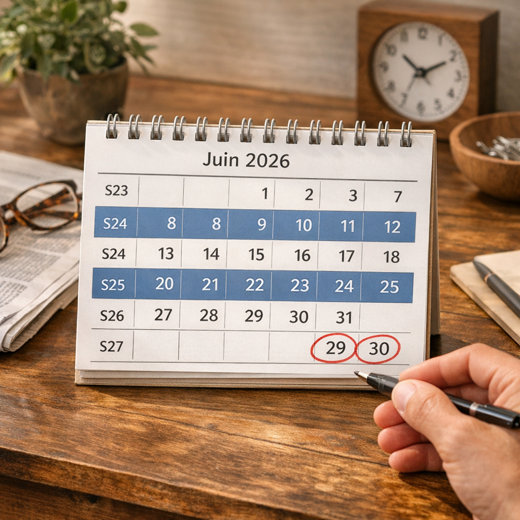 Calendrier 2026 : repères paires/impaires en juin + S27 débute le 29 juin (année à 53 semaines)
